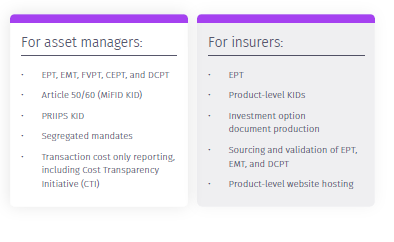 Chart showing what report types are supported by ArcRegulatory under the PRIIPs and MiFID II regulations.