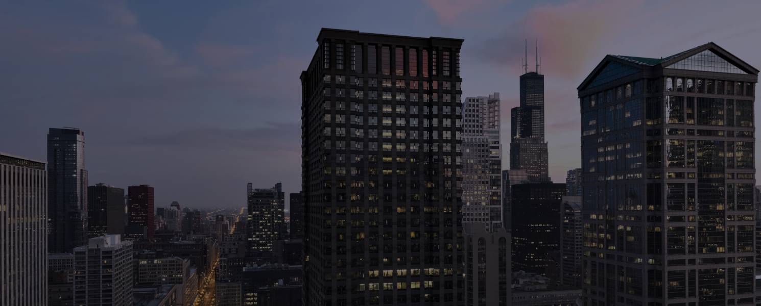 Sky-level view of DFIN headquarters building in Chicago