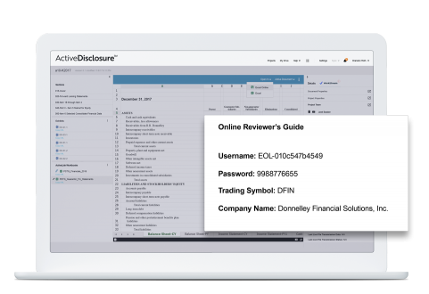 DFIN's ActiveDisclosure product in use showing advanced validation tool feature TagFinder