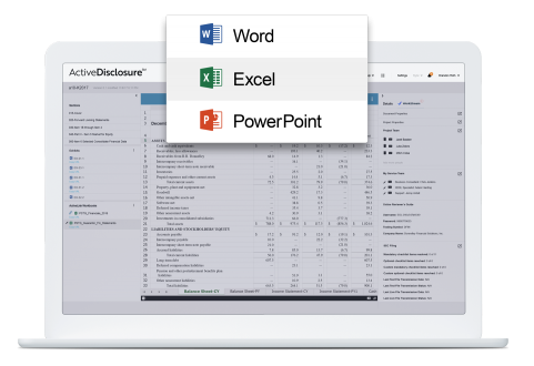 DFIN's ActiveDisclosure product in use showing Microsoft Office integration