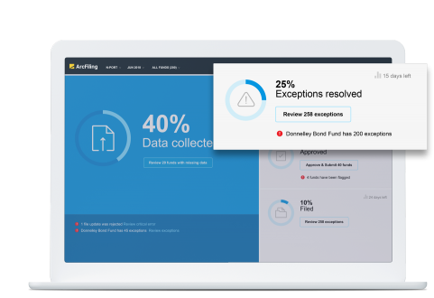 DFIN's ArcFiling exception-driven dashboard shown on a laptop