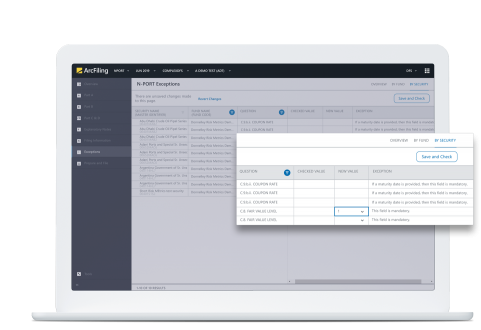 DFIN's ArcFiling exception-driven dashboard shown on a laptop